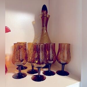 Vintage Amber curved glass decanter set
